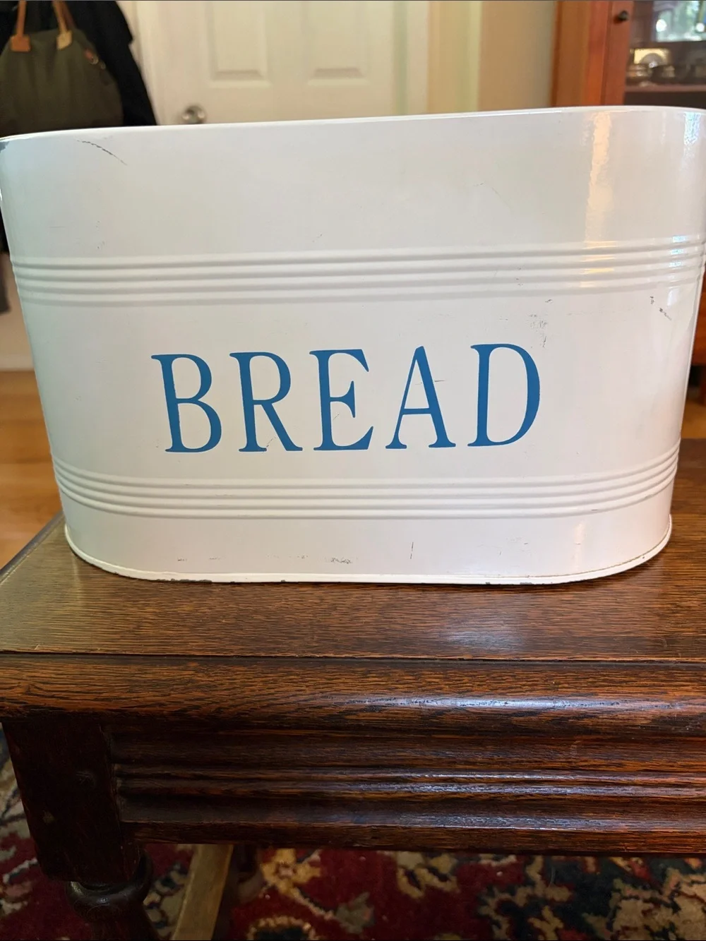 White Enamel Metal Bread Box with Blue Lettering
